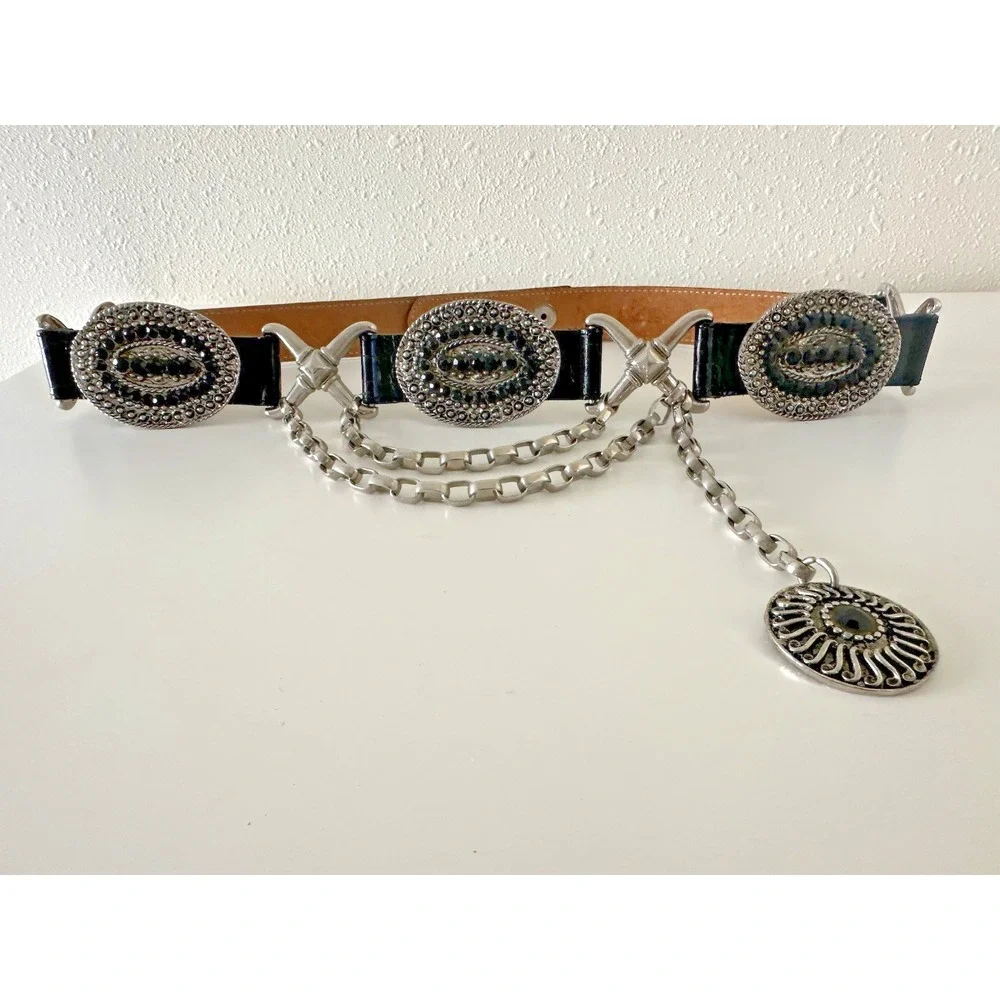 Streets Ahead Belt Silver Metal Chain & Rhinestone Black Leather STATEMENT 32 in